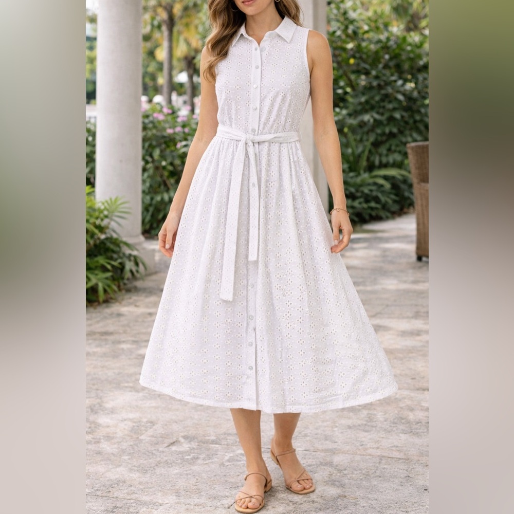 Tommy Hilfiger White Sleeveless Eyelet Shirt Dress with Tie Belt